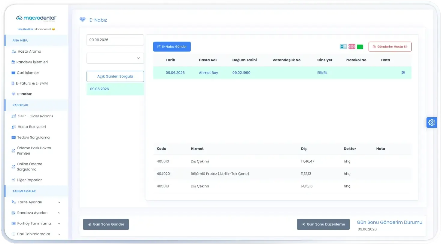 Macrodental Cloud e-nabız ve e-fatura ekranı