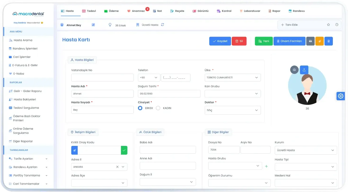 Macrodental Cloud hasta kartı ekranı