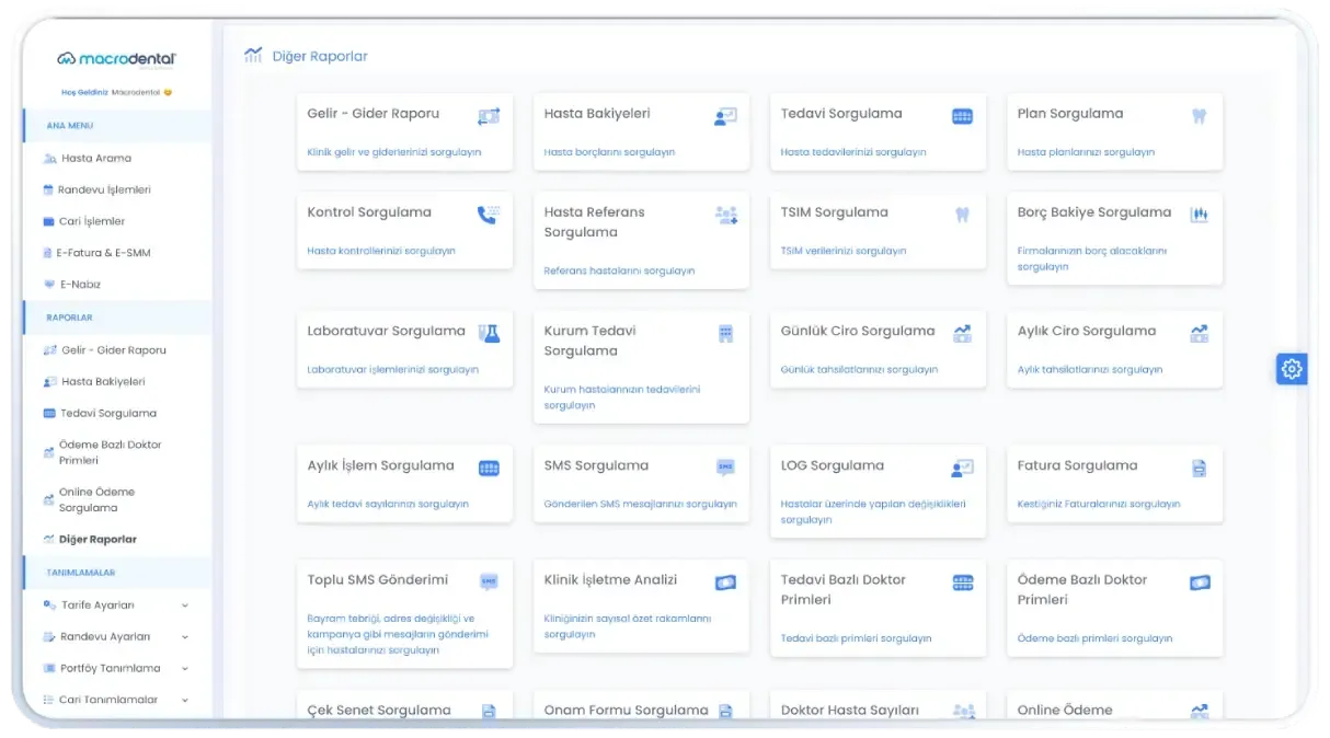 Macrodental Cloud raporlama ve analiz ekranı
